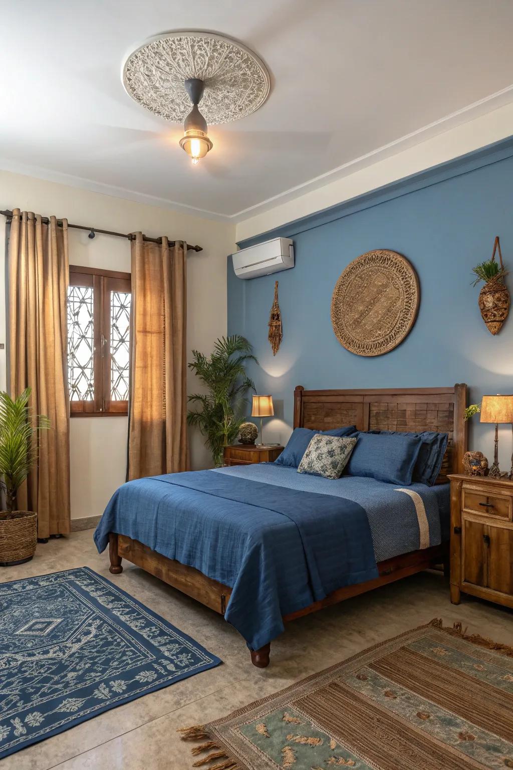 Natural hues and sapphire blue create a unified and grounded aesthetic.