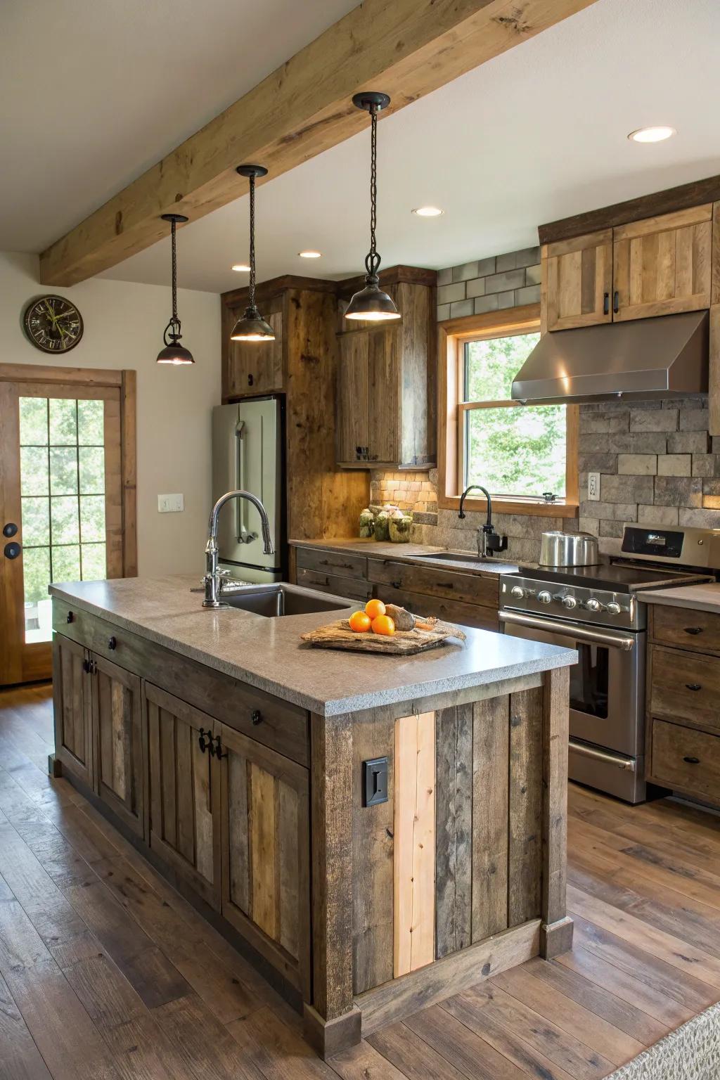 Repurposed materials heighten the rustic allure of this kitchen space.