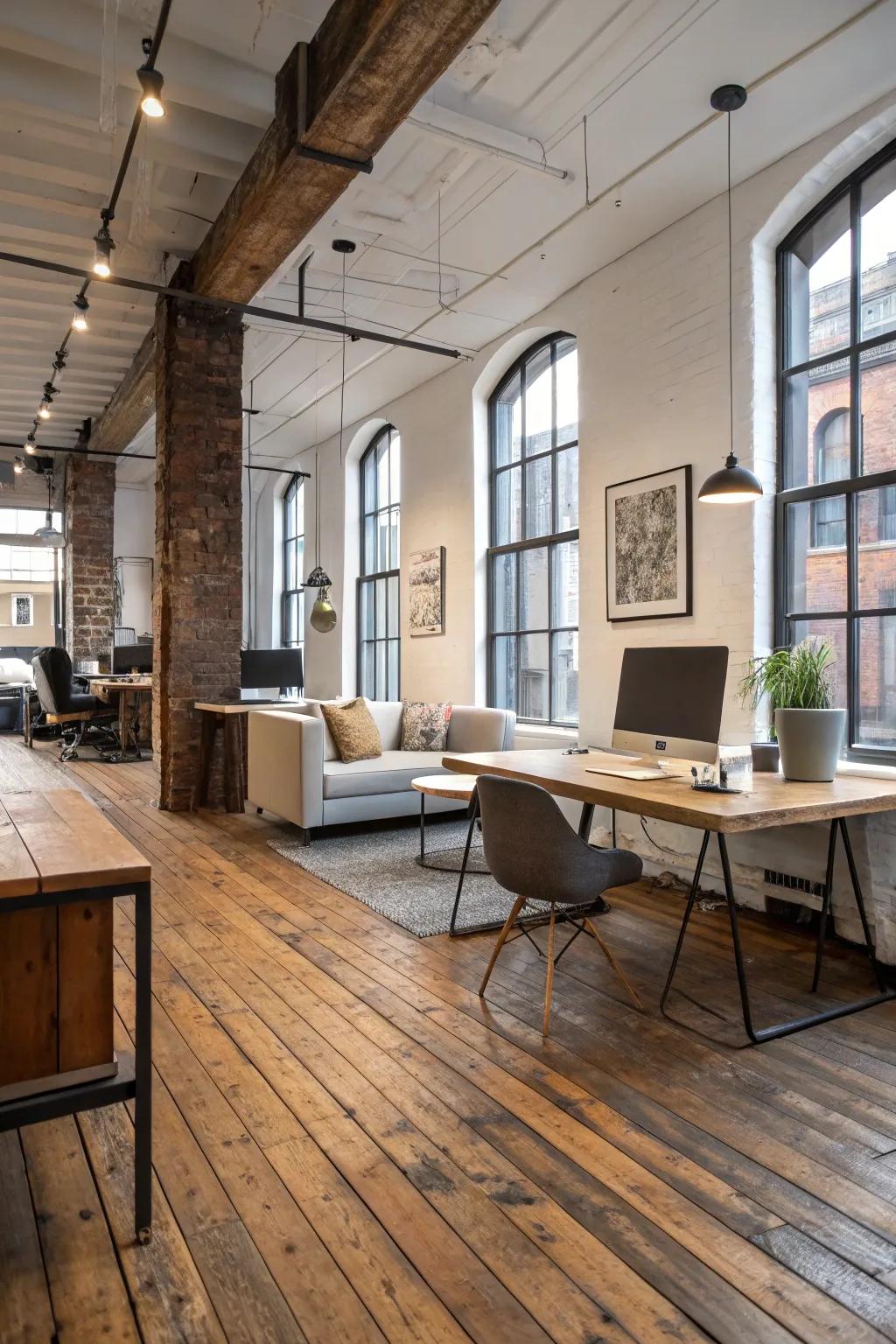 Rustic flooring anchors the design and introduces warmth to the office.