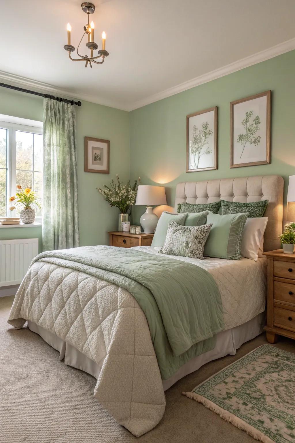 Soft lighting with sage tones enhances the room&rsquo;s tranquility.