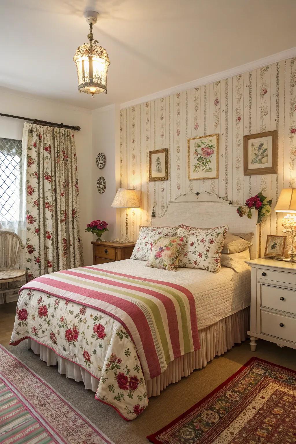 Mixing patterns adds depth and a fun touch to a modern-vintage bedroom.