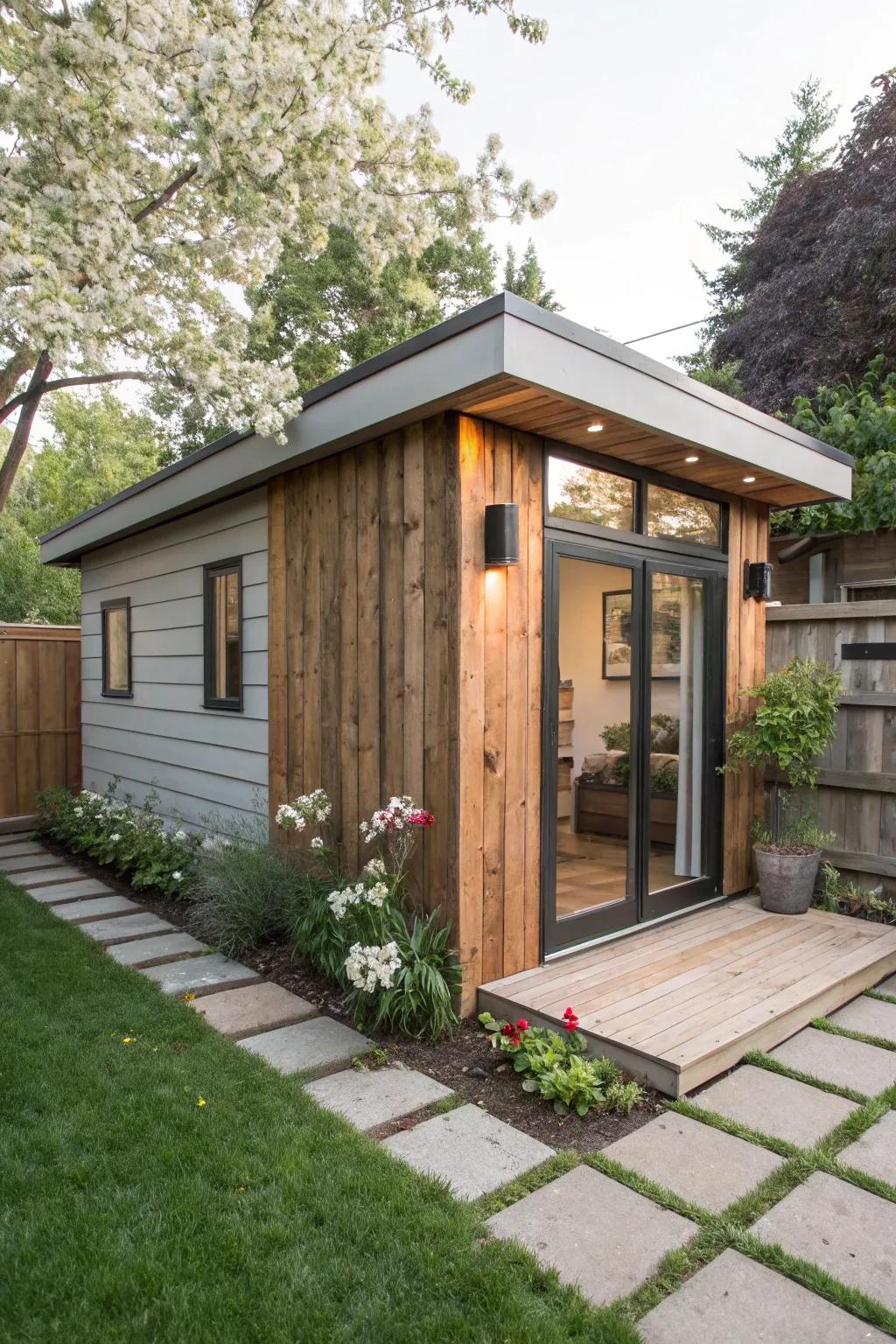 Rustic chic style imparts warmth and personality to modern sheds.