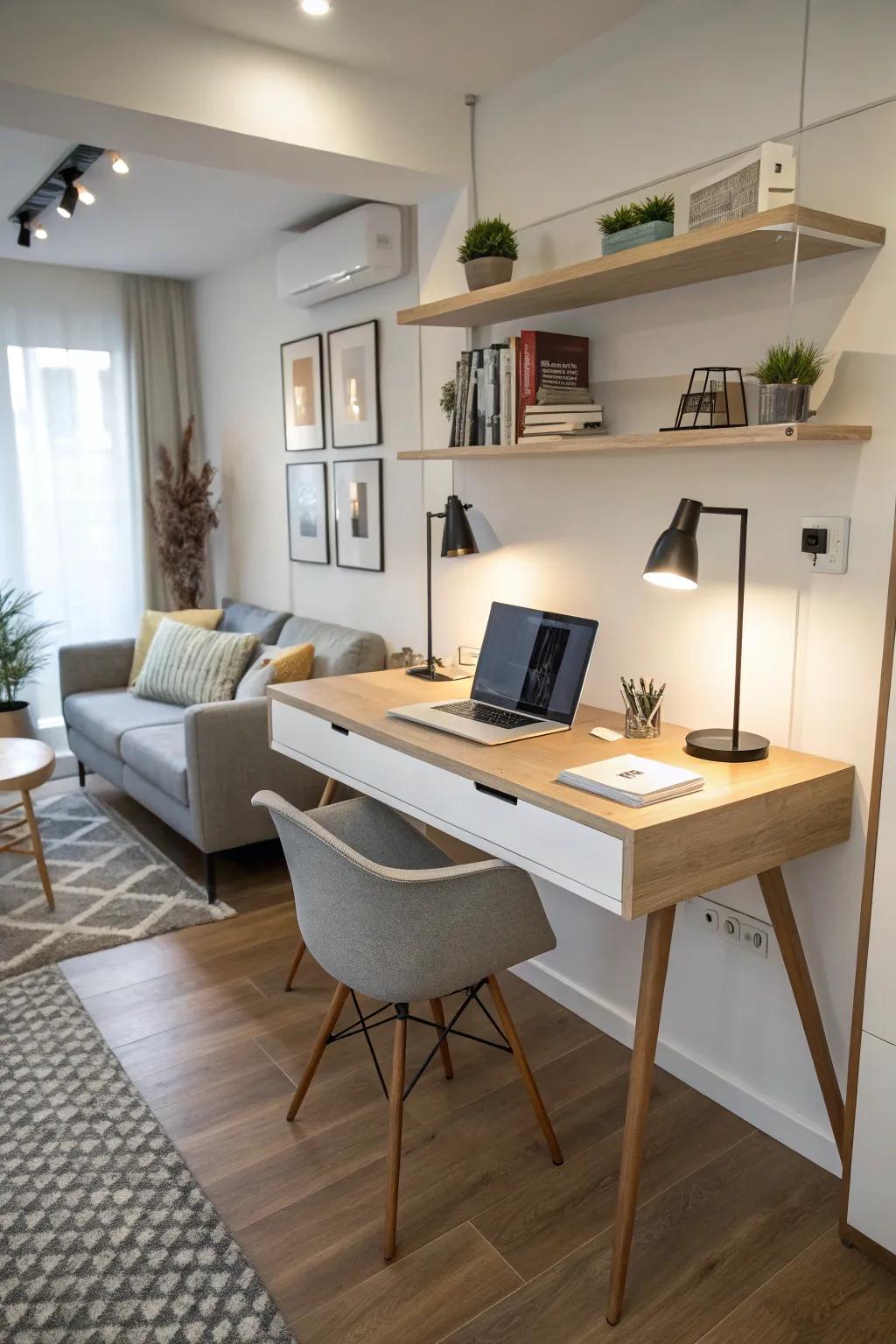 A studio featuring a sleek desk, ideal for small home offices.