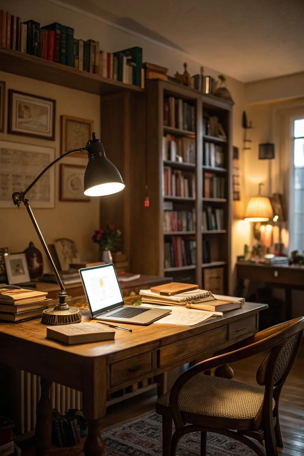 A study room with layered lighting for a cozy ambiance.