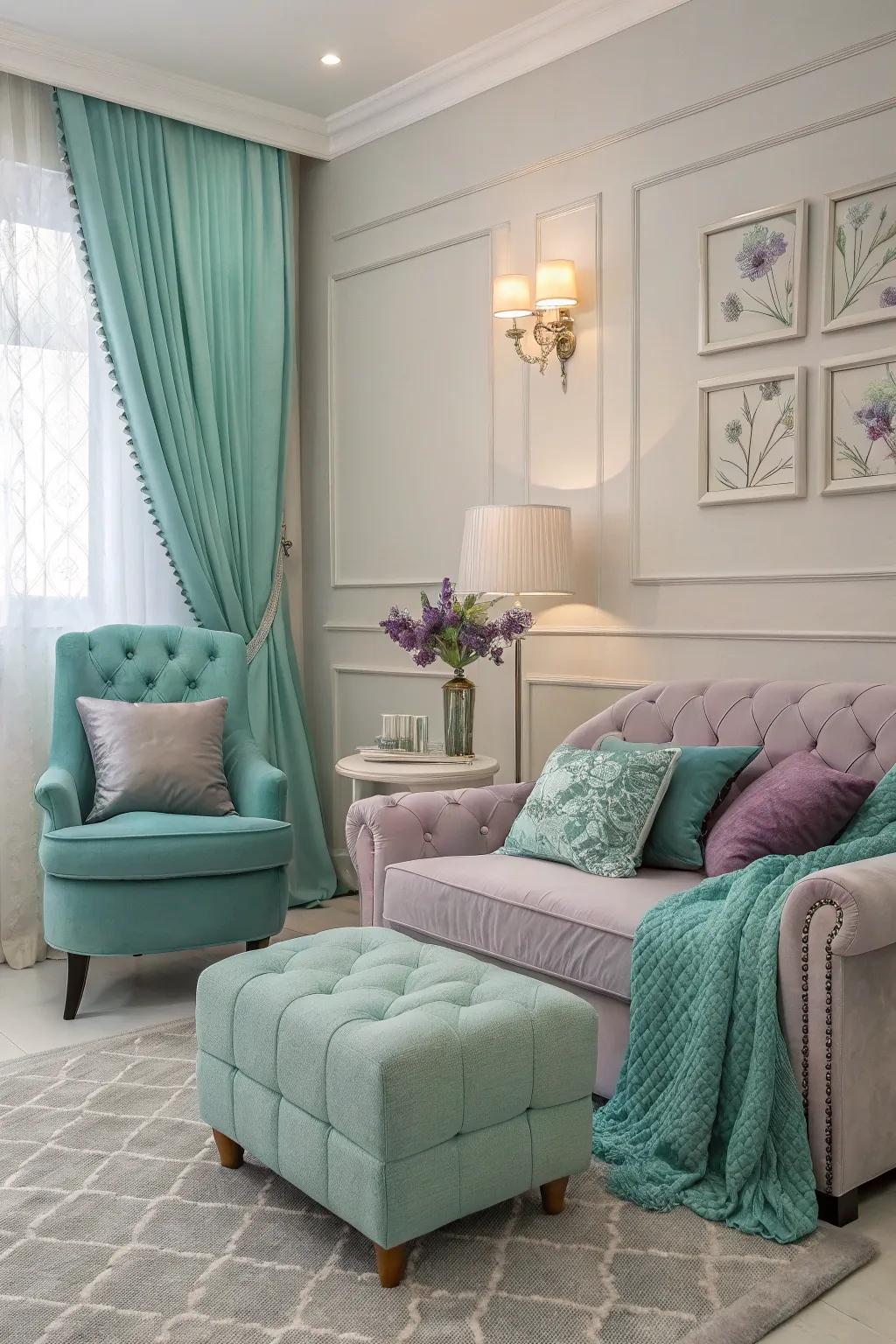 Gentle lilac adds serenity to a teal and grey living space.
