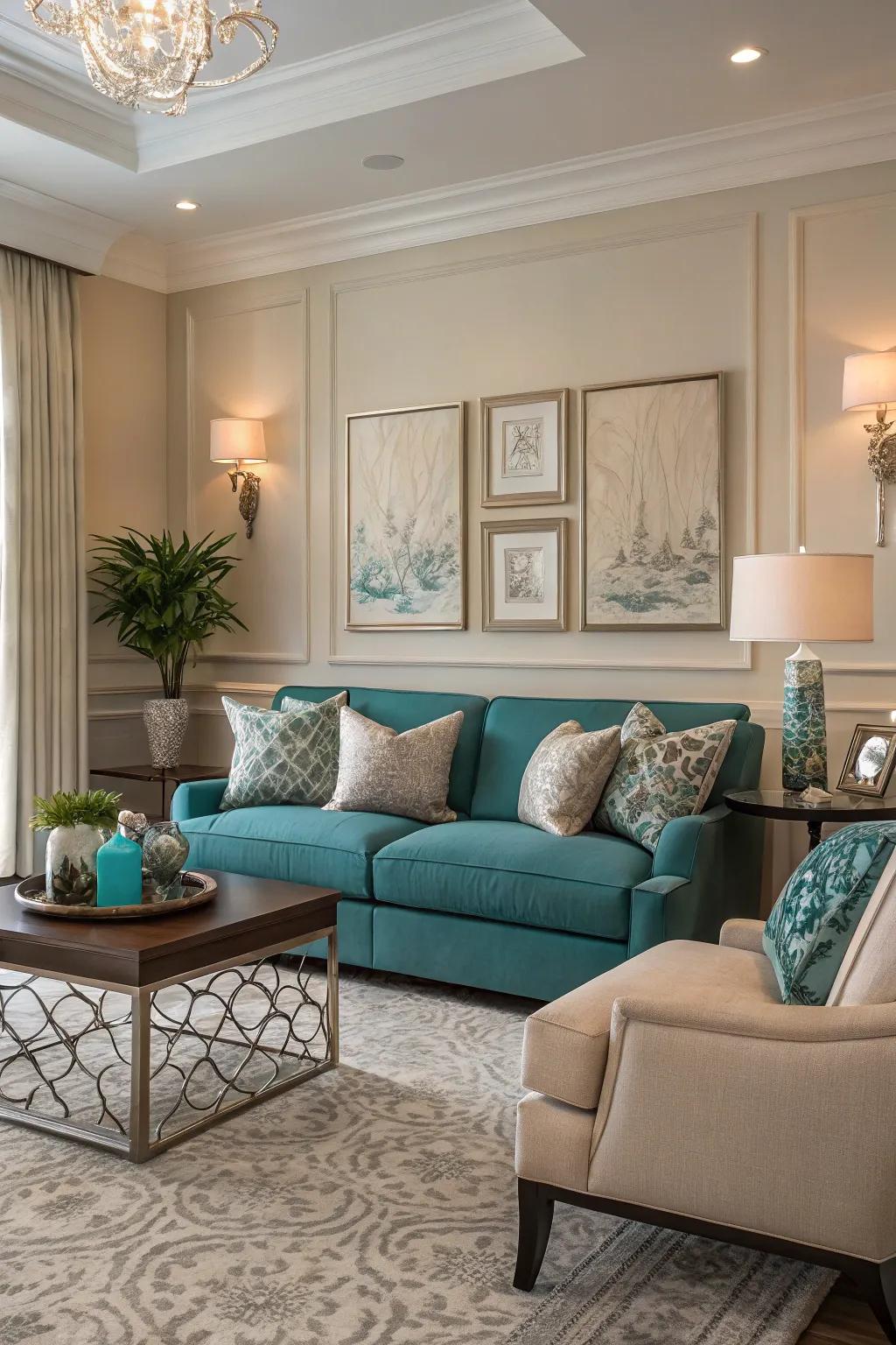 Teal and warm sandstone merge for understated grace and balance.