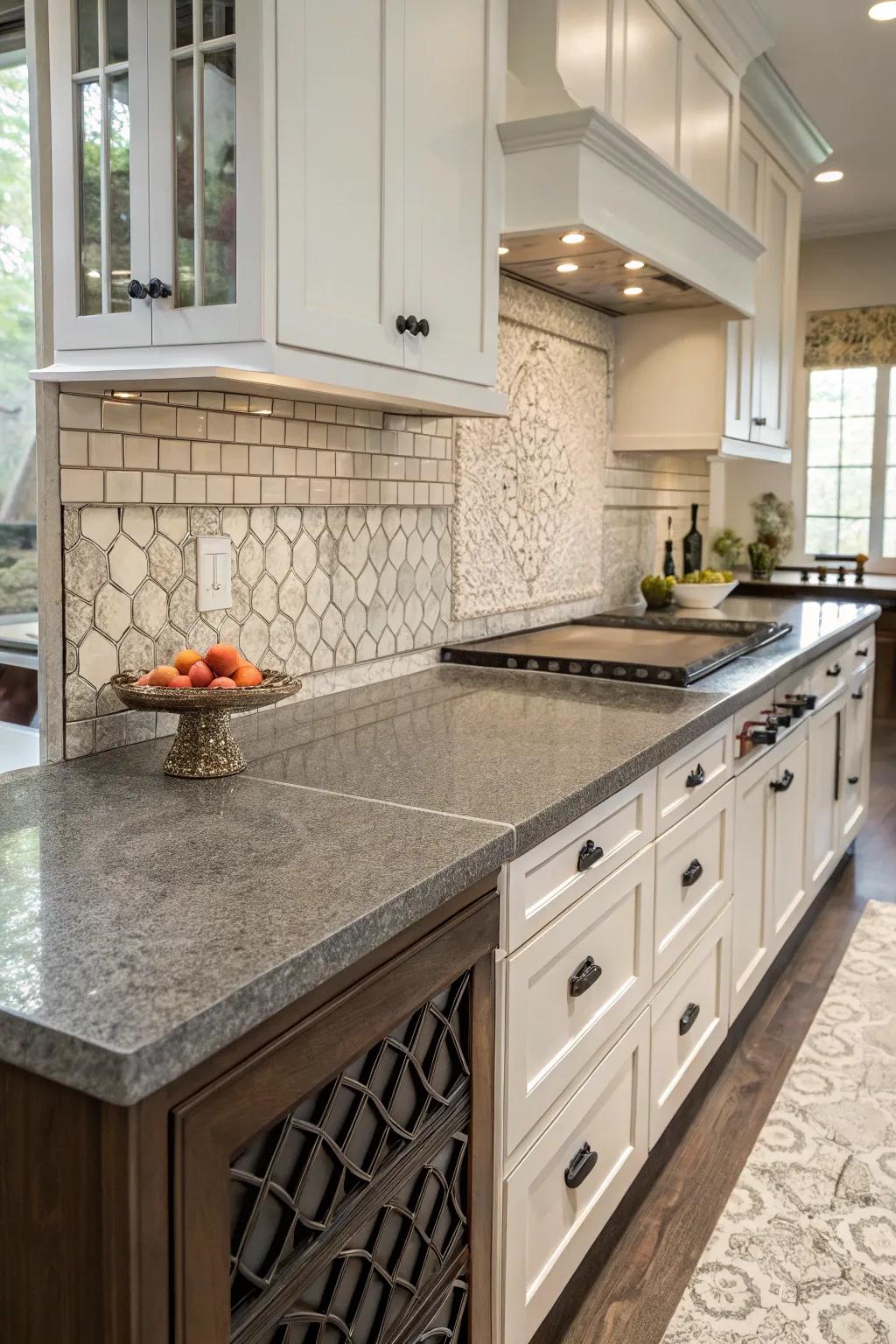 Blended textures in tiles incorporate profundity and intrigue into this kitchen.