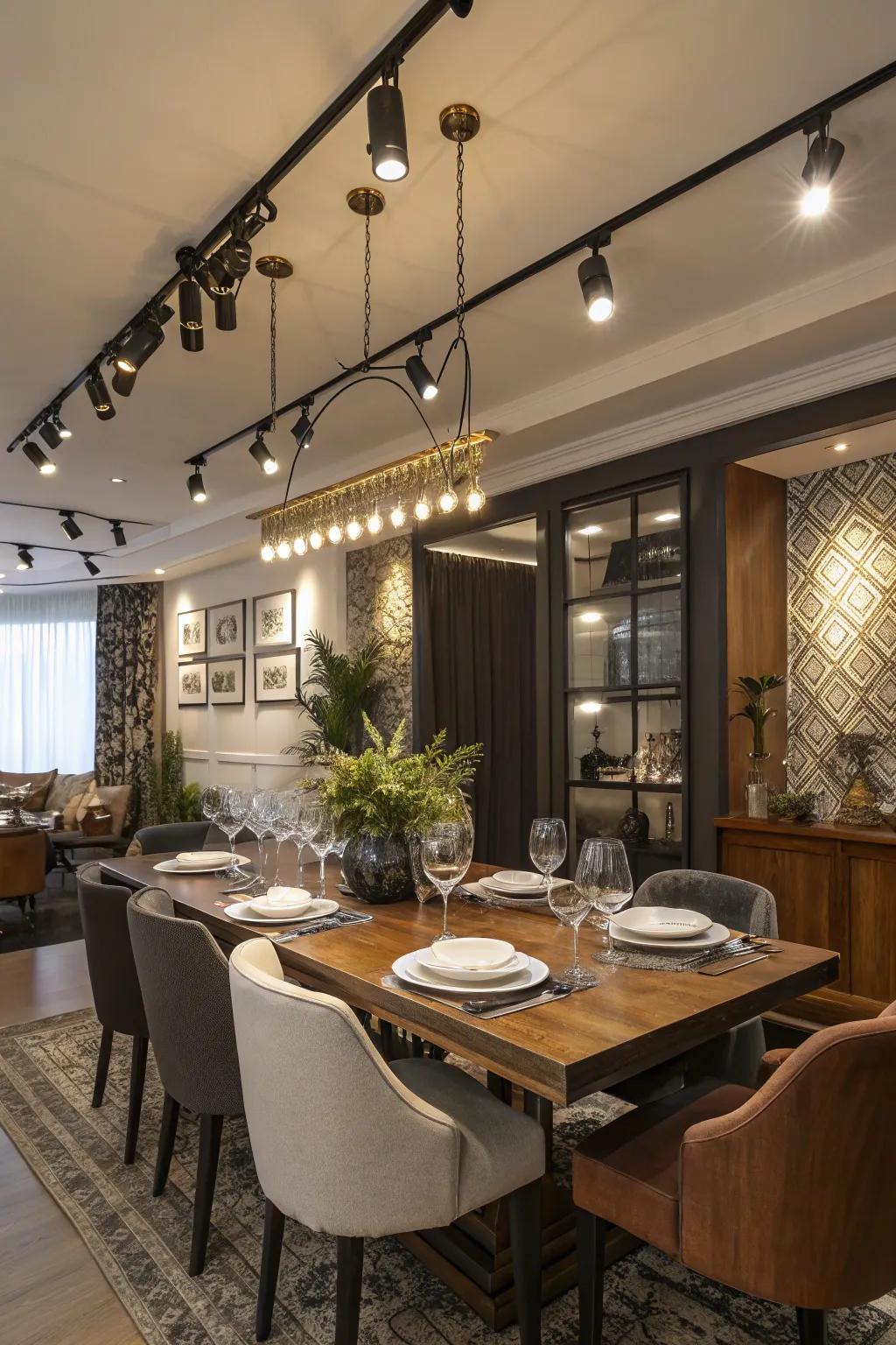 Dynamic dining room with track lighting at varied heights.