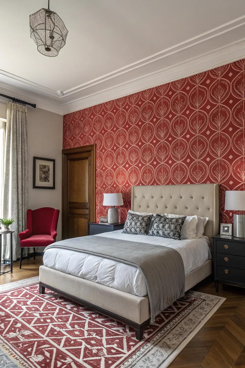 A key wall anchors the room and highlights the bed.