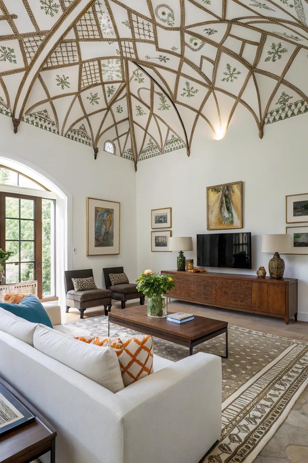 Repeated shapes add a modern twist to this fashionable room with a vaulted ceiling.