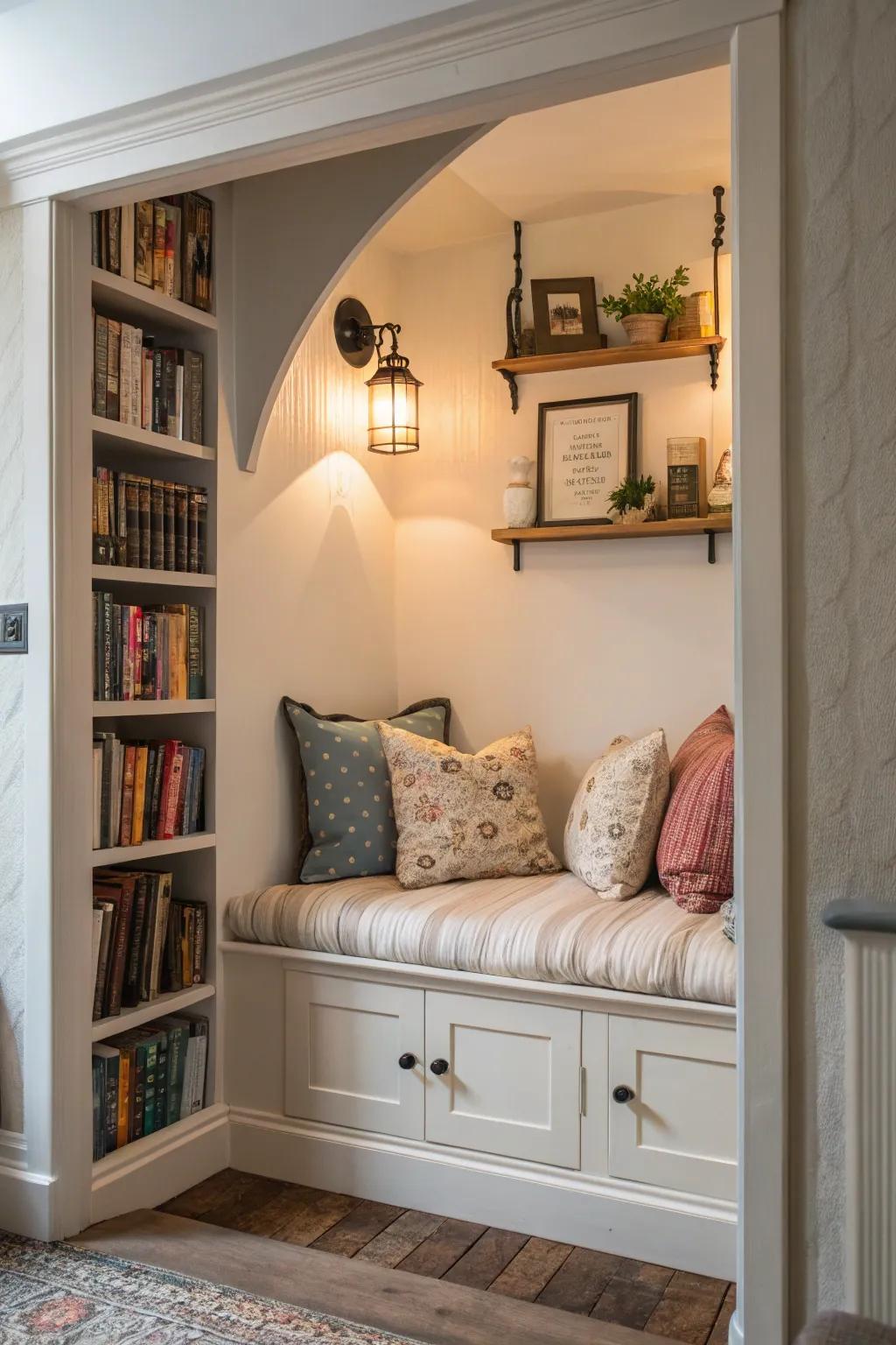 A wall niche transformed into a comfortable reading spot with comfortable cushions and books.