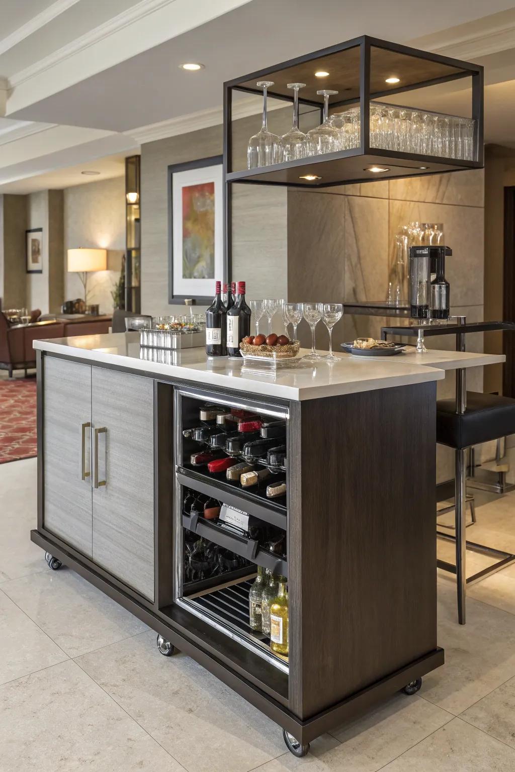 A bar trolley appends flexibility to your wet bar arrangement.