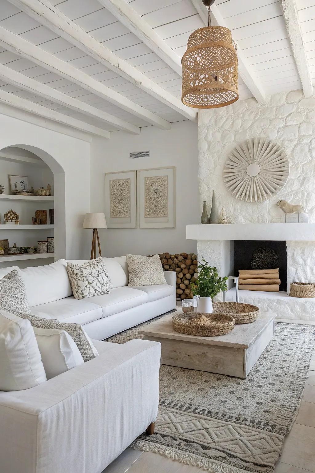 Layered textures cultivate a cozy feel in a white living space.