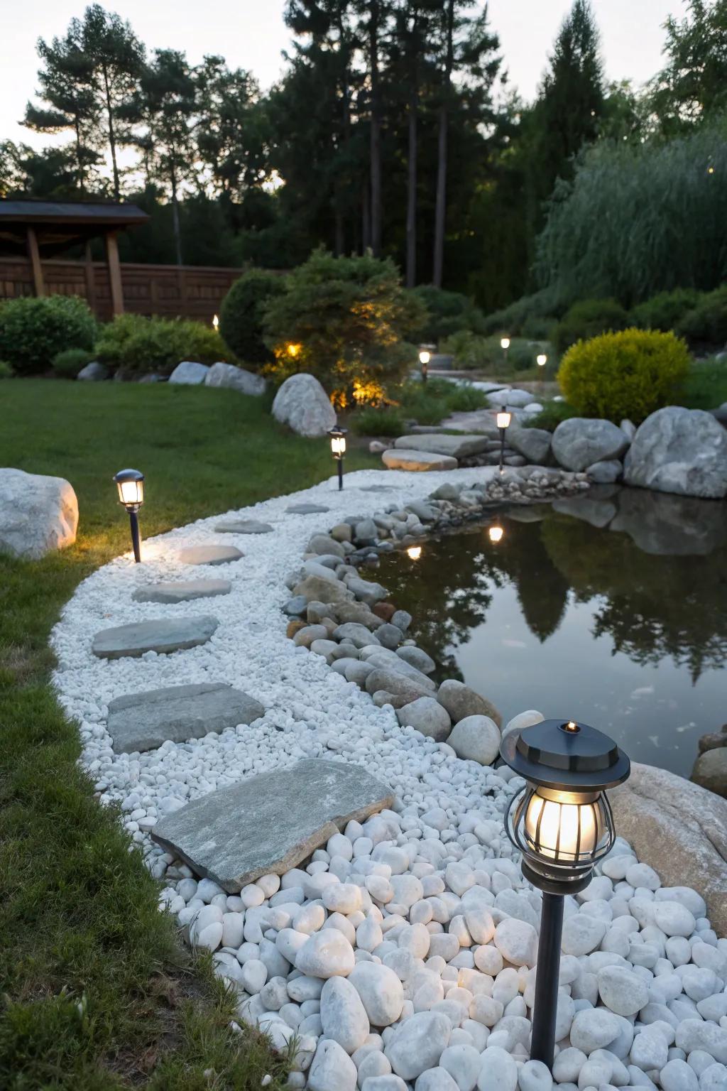 A magical garden scene with solar lights highlighting white stones, creating a twinkling dreamland.
