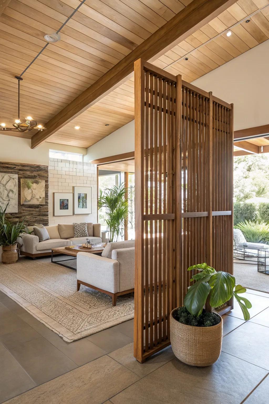 Elegantly define spaces with a wood slat wall divider.