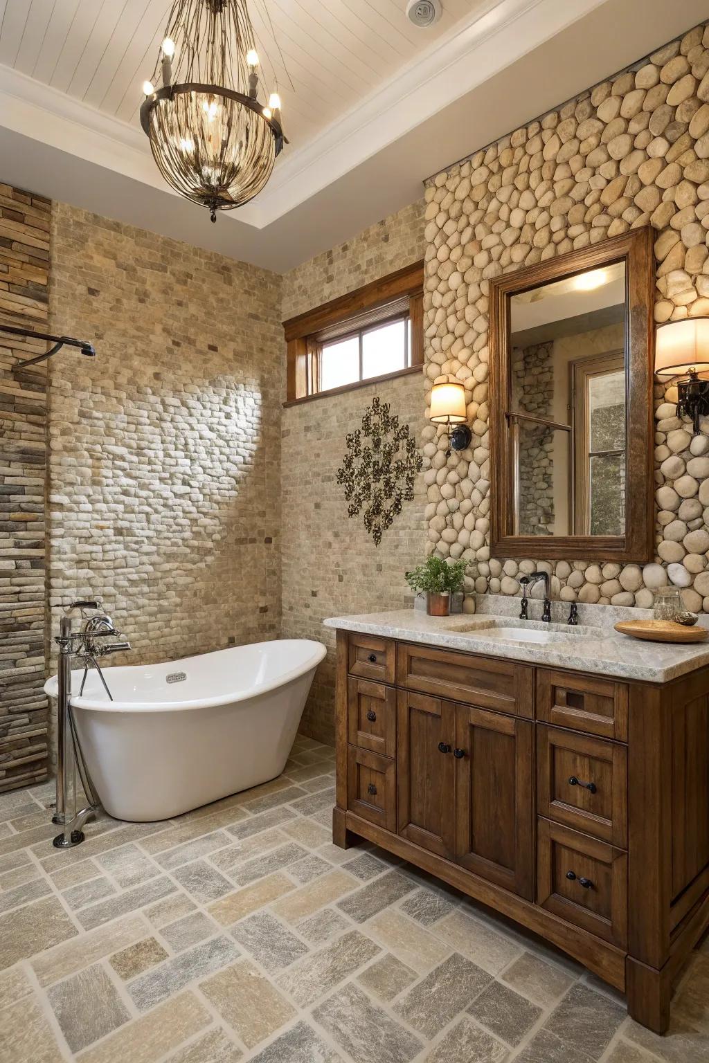 A country bathroom featuring elegant rock mosaic tiles.