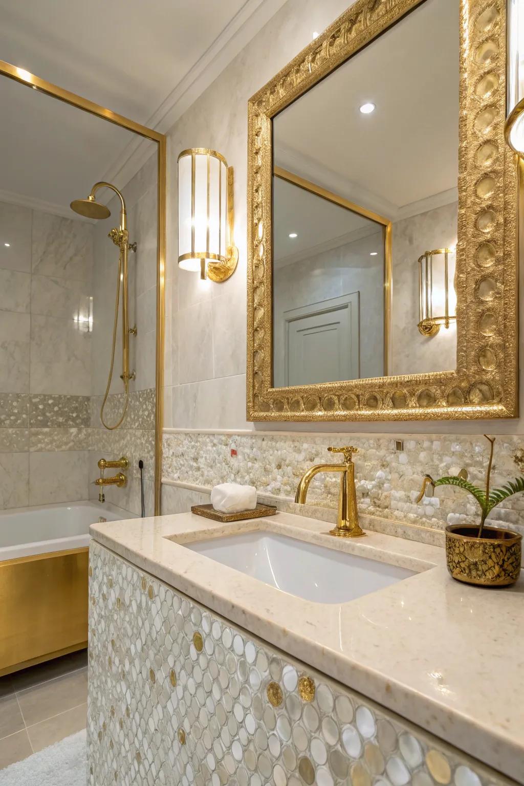 Luxurious accents paired with nacre tiles create an opulent atmosphere.