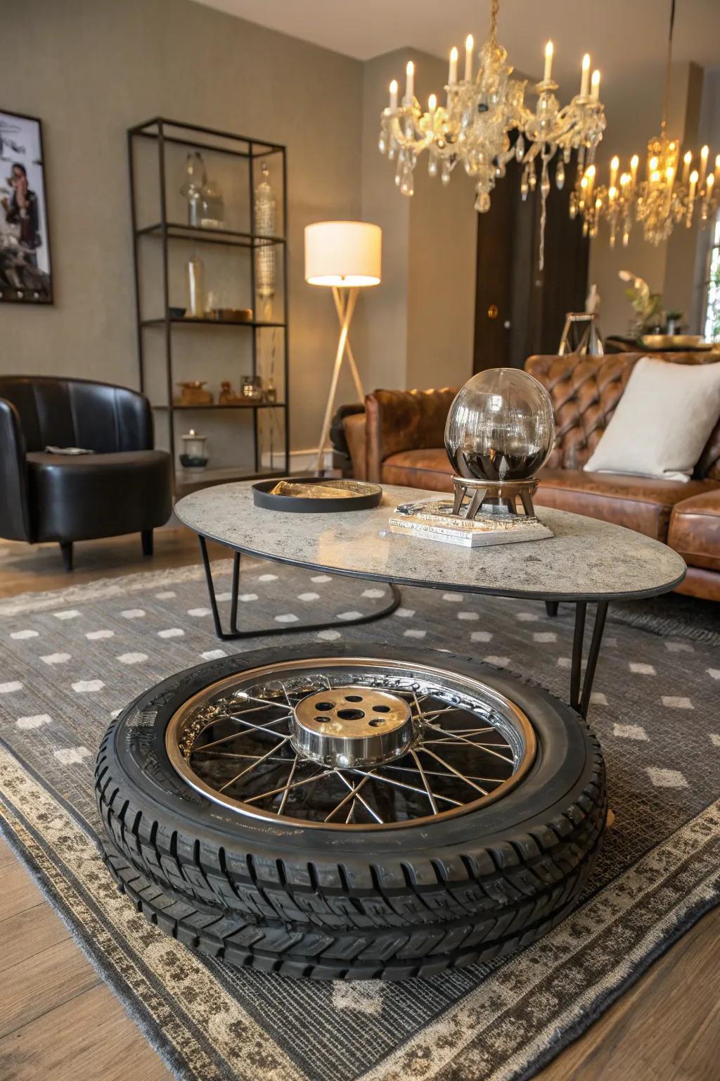 A special coffee table built from a motorcycle wheel.