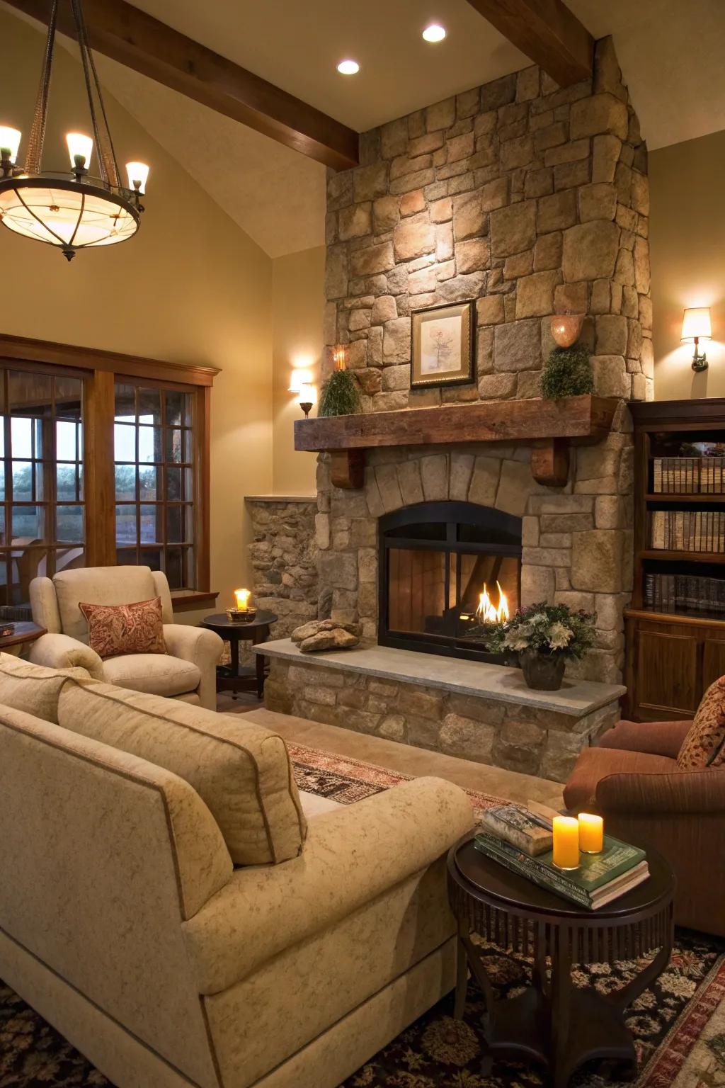 A snug fireplace as the nucleus of a mountain home.