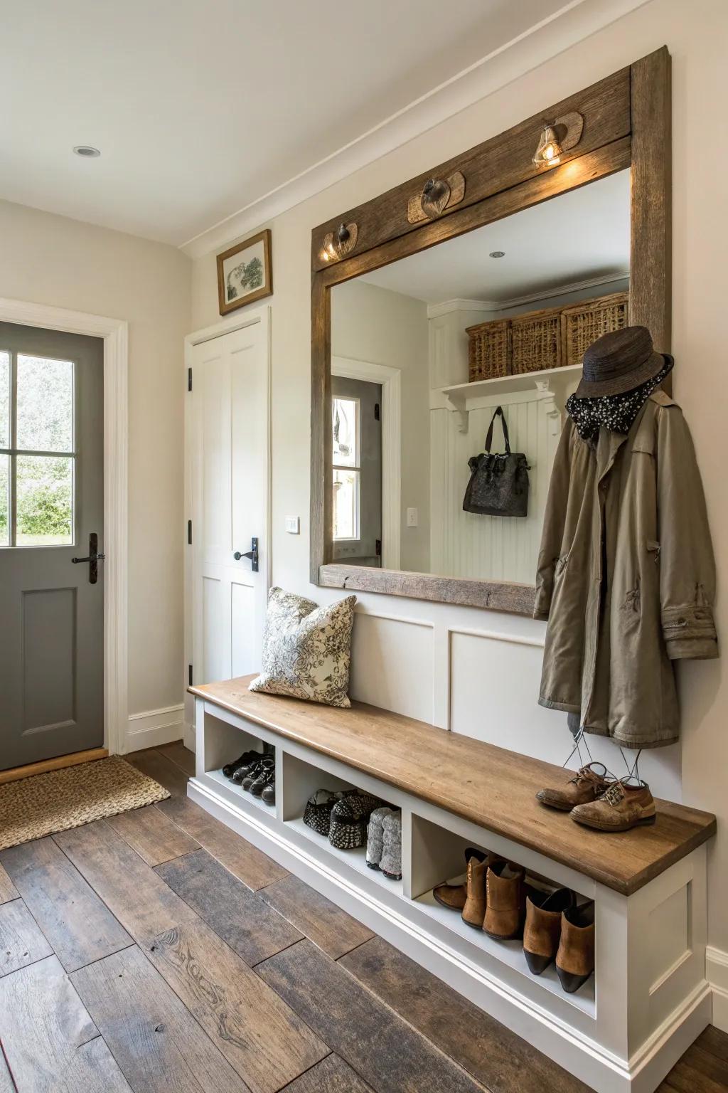 A spacious mudroom bench area amplified by a strategic mirror.