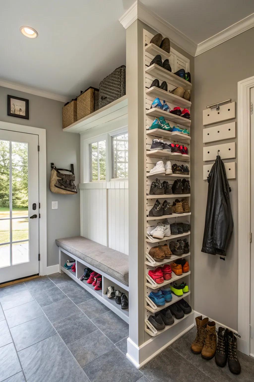 A mudroom highlighting upright footwear racks to maximize space.