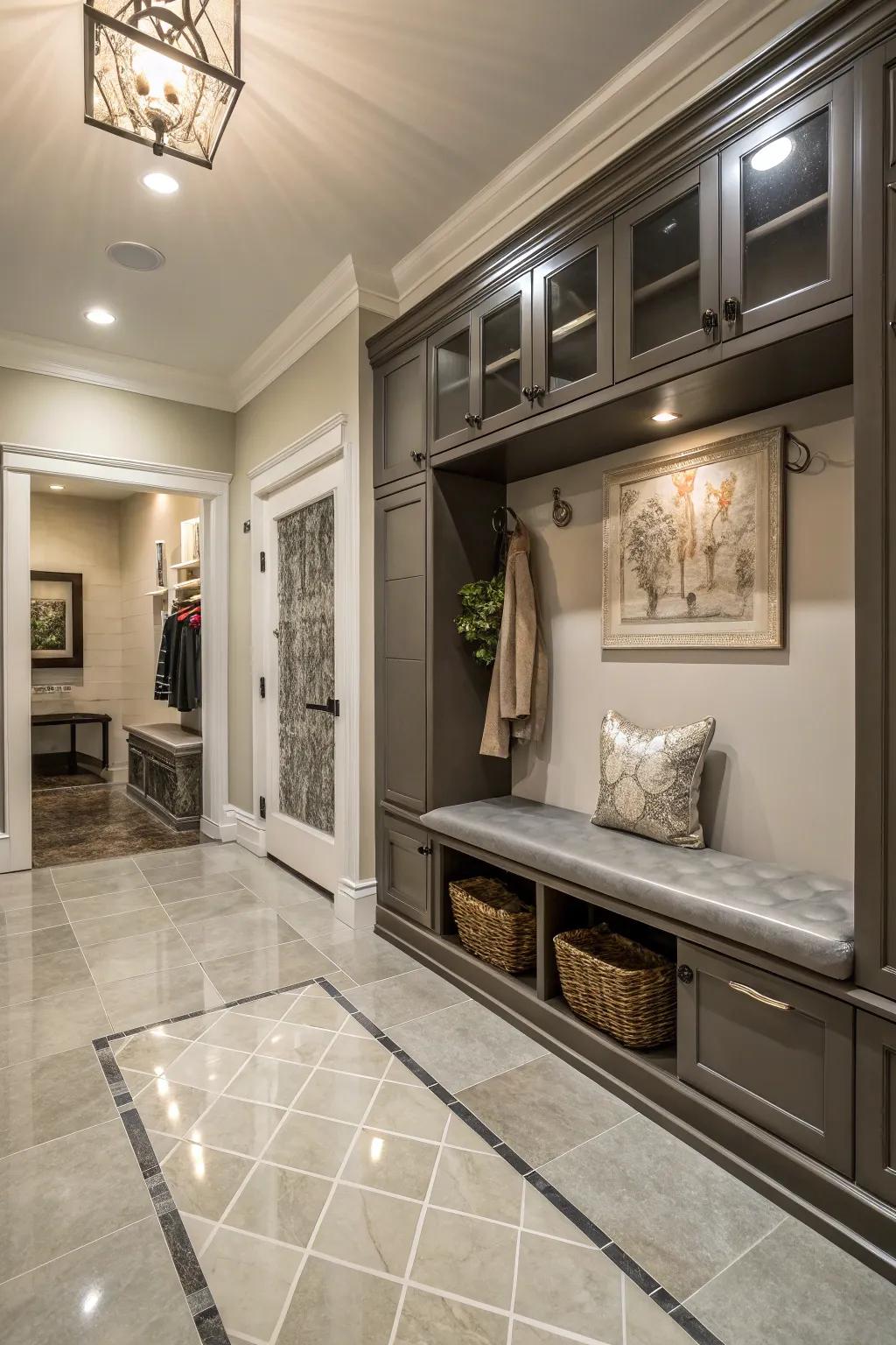 Sophisticated porcelain tiles in an elegant mudroom