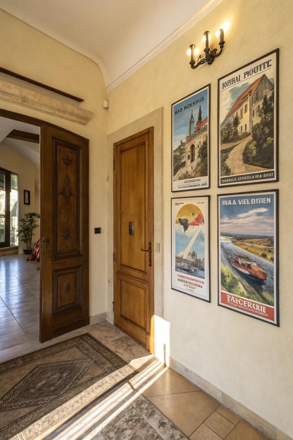 Spanning a set of canvases, these vintage posters give the entryway a touch of nostalgia.