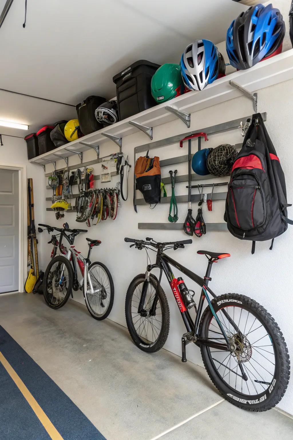 A garage configured for organizing bikes and sports gear.