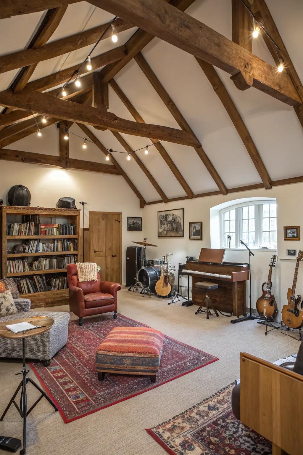 A statement ceiling enhances depth and infuses character into your music room.