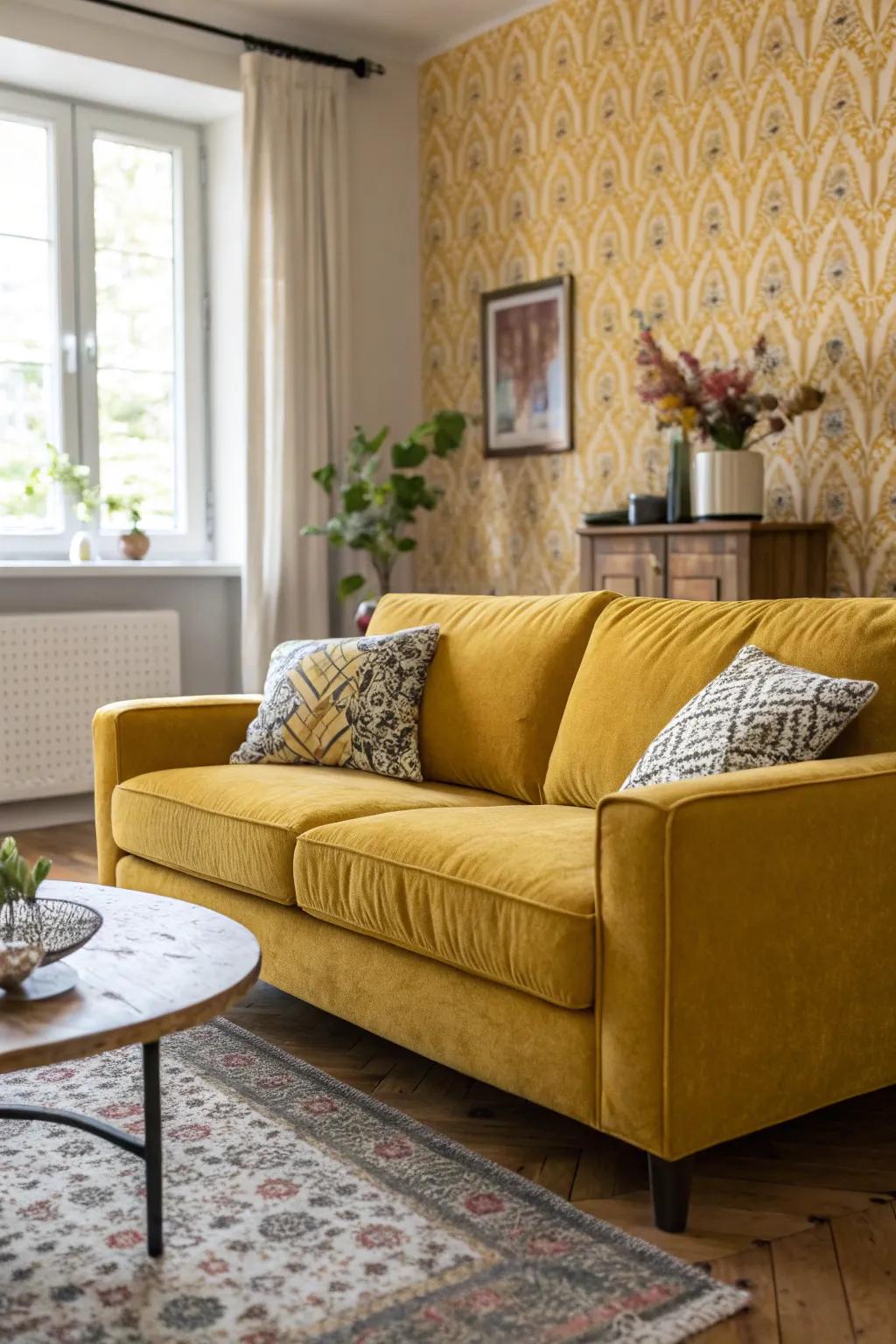 Patterned wallpaper fashions an engaging backdrop.