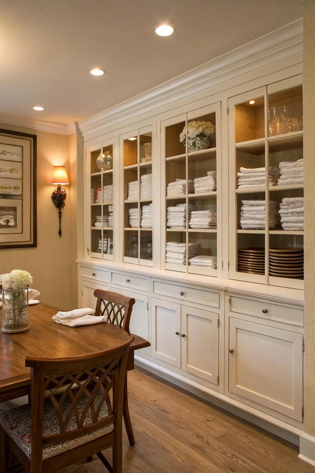 Custom built-in cabinets provide a refined approach for organizing napkins.