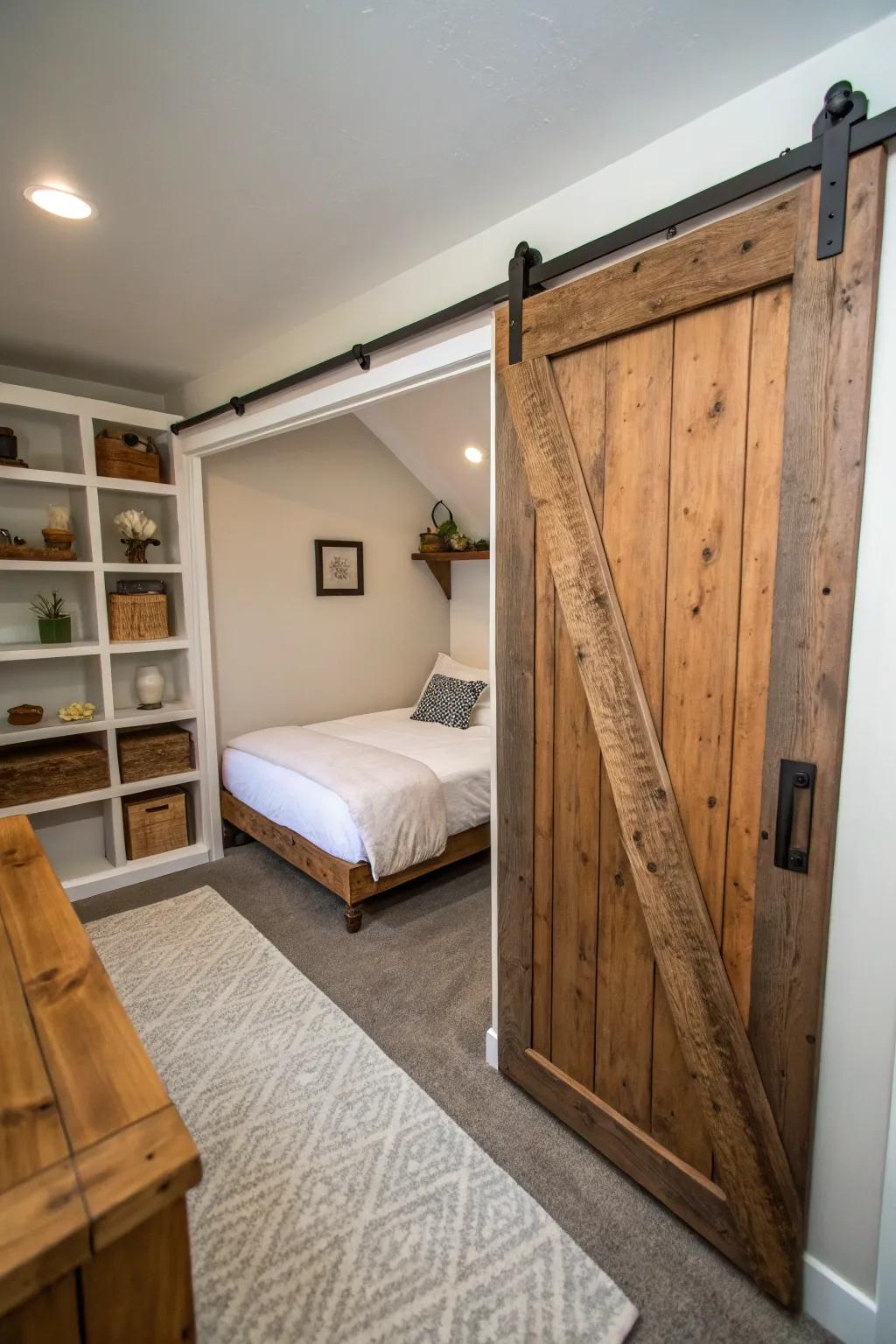 Sliding doors conserve space within a slender bedroom.