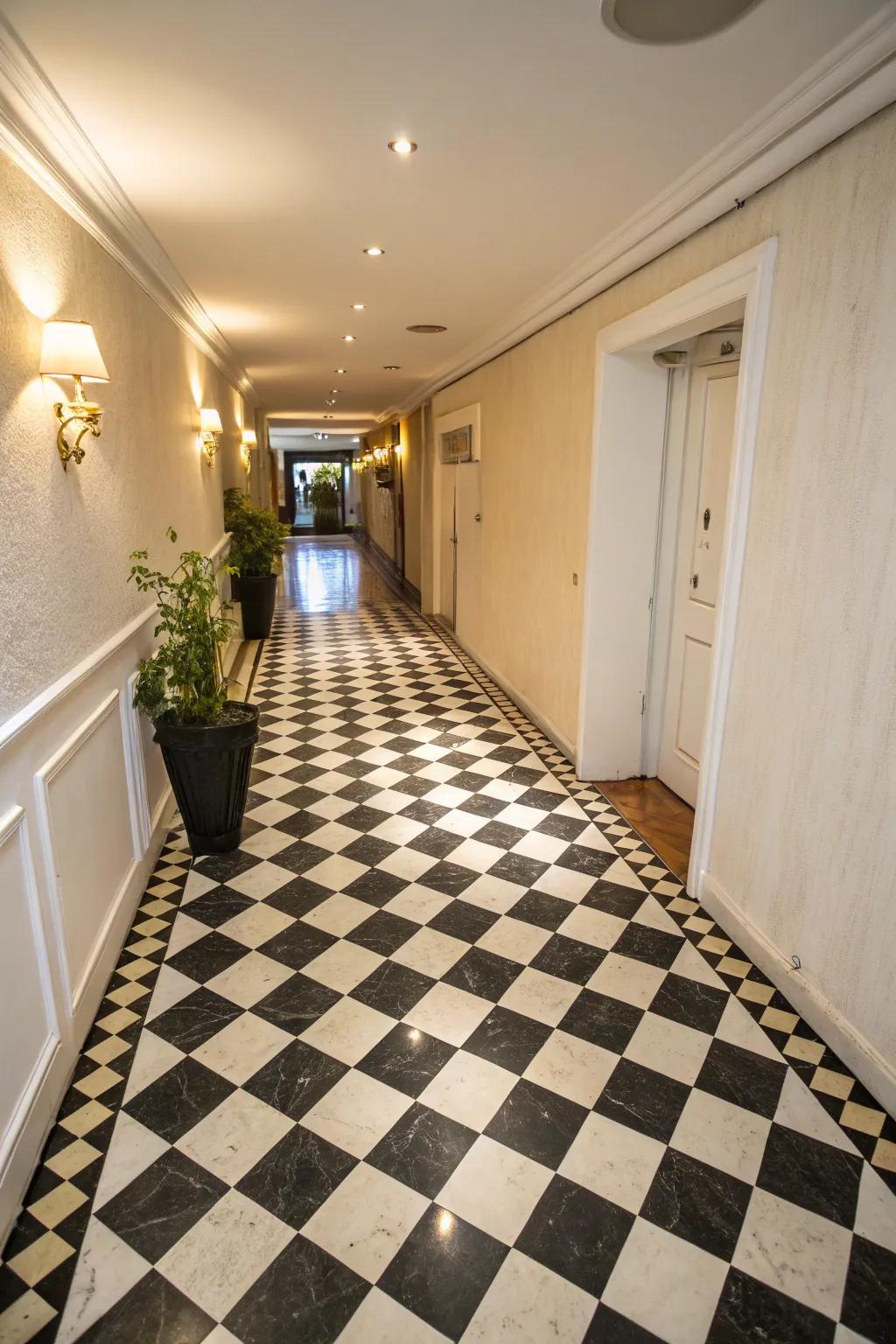 Checkered tile gives a timeless and lively touch to hallways.