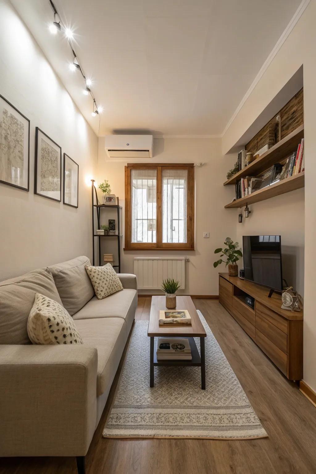 Low-profile furnishings sustaining unobstructed visual perspectives within a confined living space.