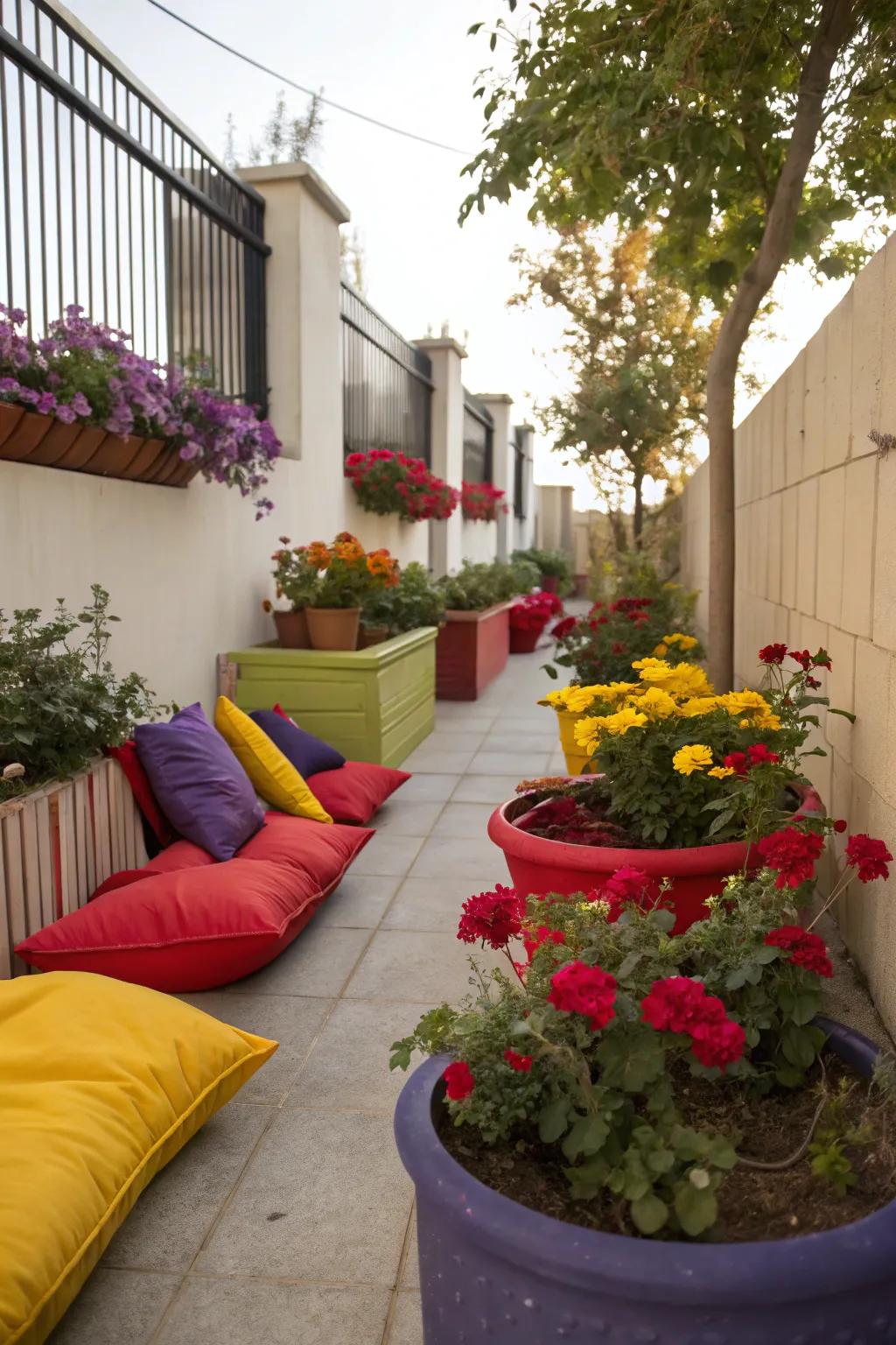 Vibrant hues inject vitality and energy into a slender side garden.