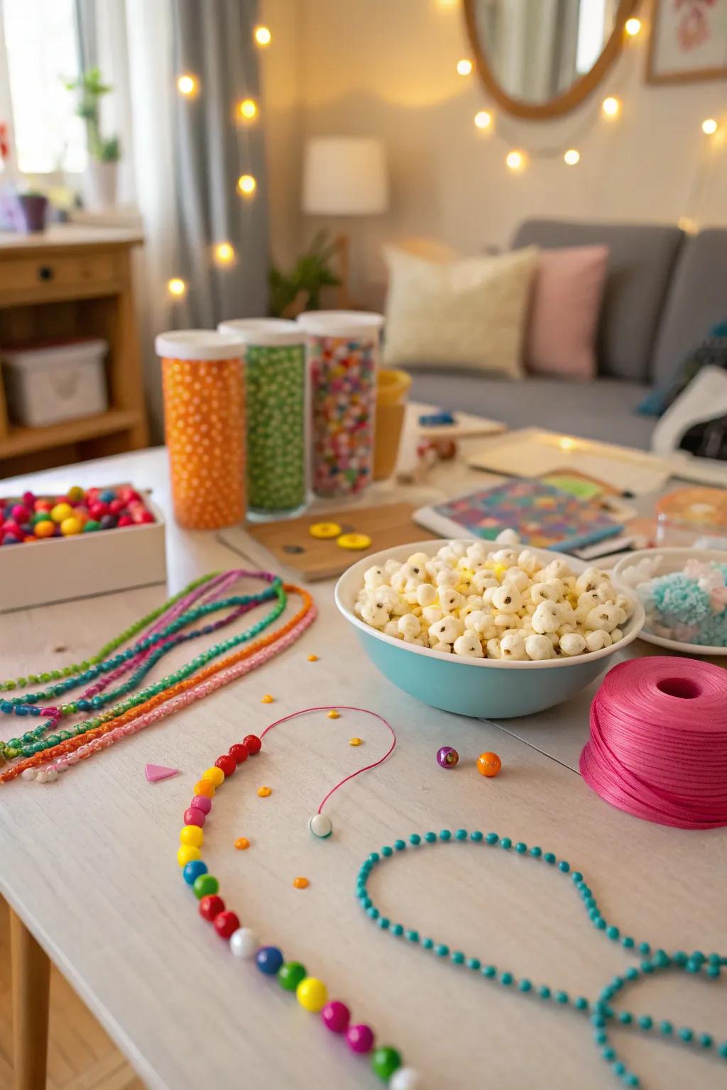 Crafting popcorn necklaces for a fun and quirky adornment.