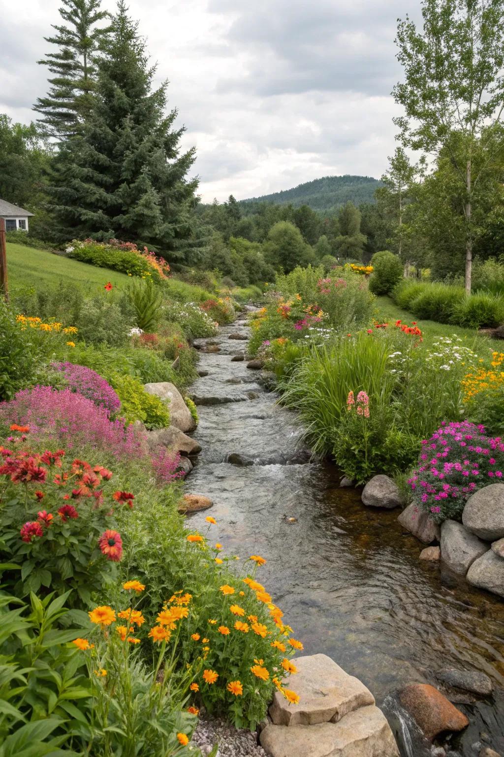 Wild flora adding vibrant borders to a backyard stream.