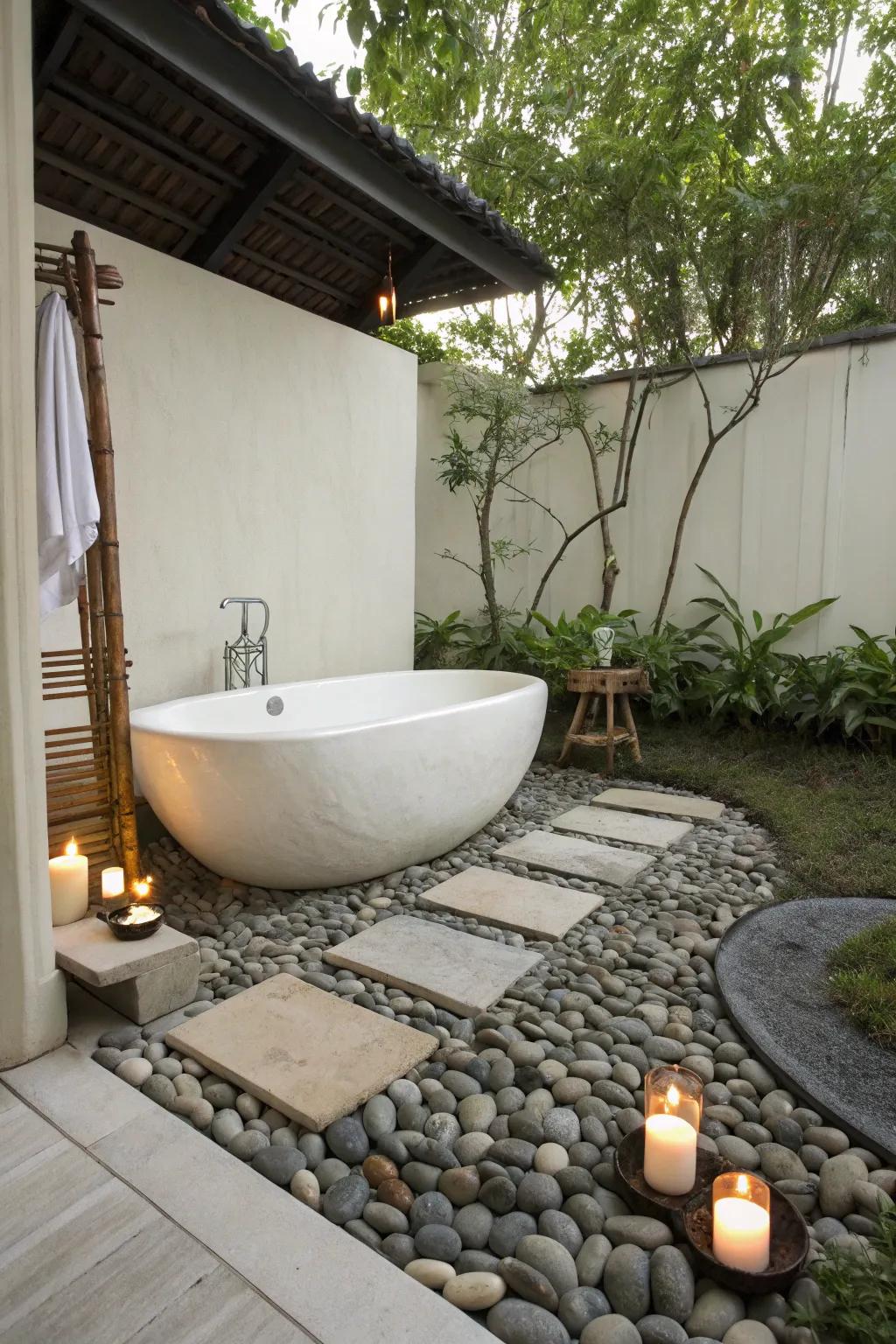 Find inner harmony within a zen space with a calming bathtub setup.
