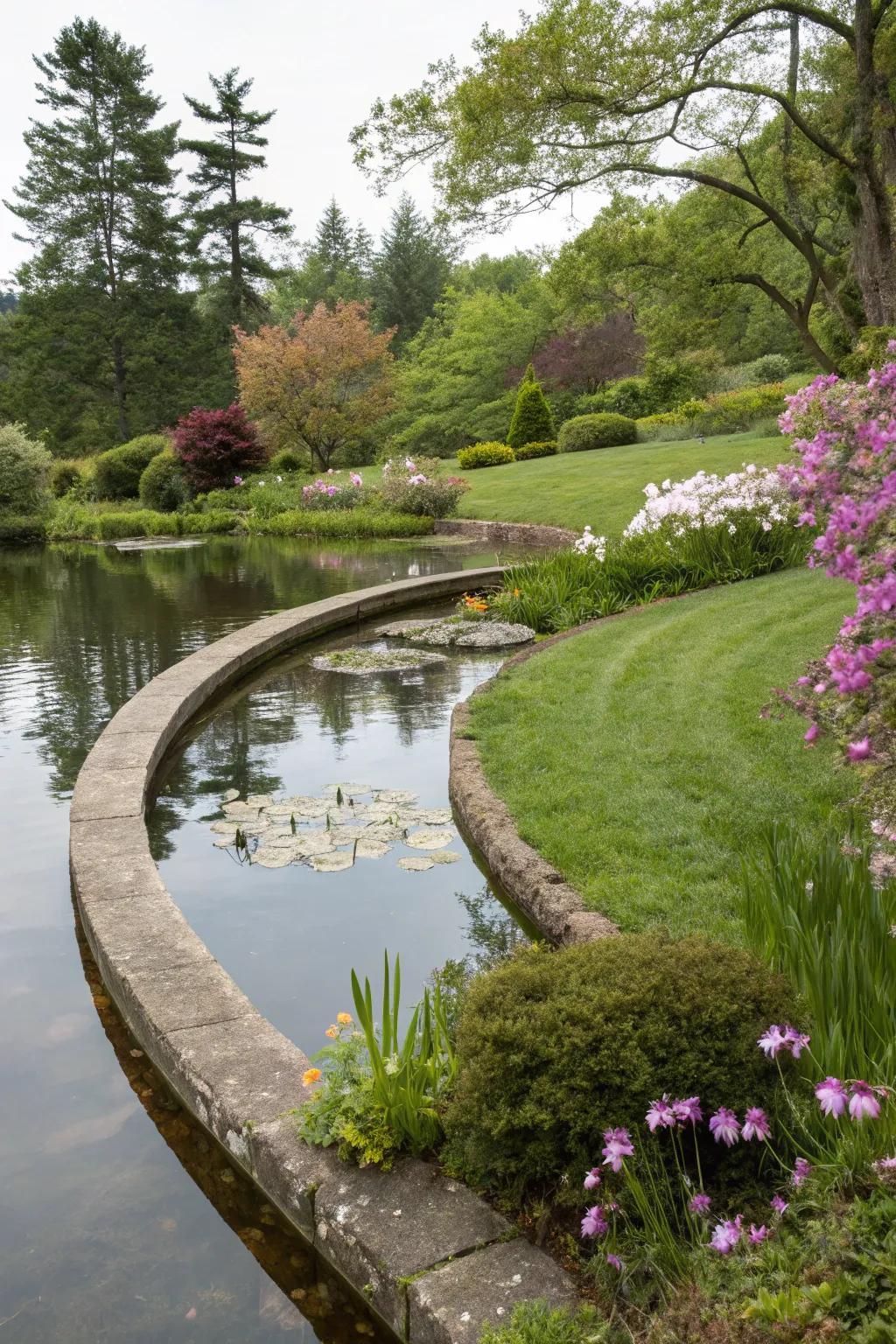 Sinuous edges fashioning an organic and unified pond design.