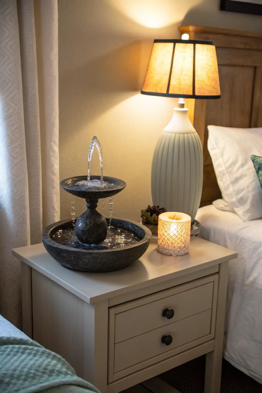 A water feature adds a serene soundscape to the bedroom.