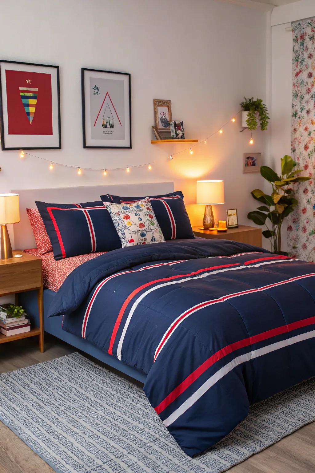 Incorporate vibrant contrast with sea blue bedding highlighted by bold stripes.