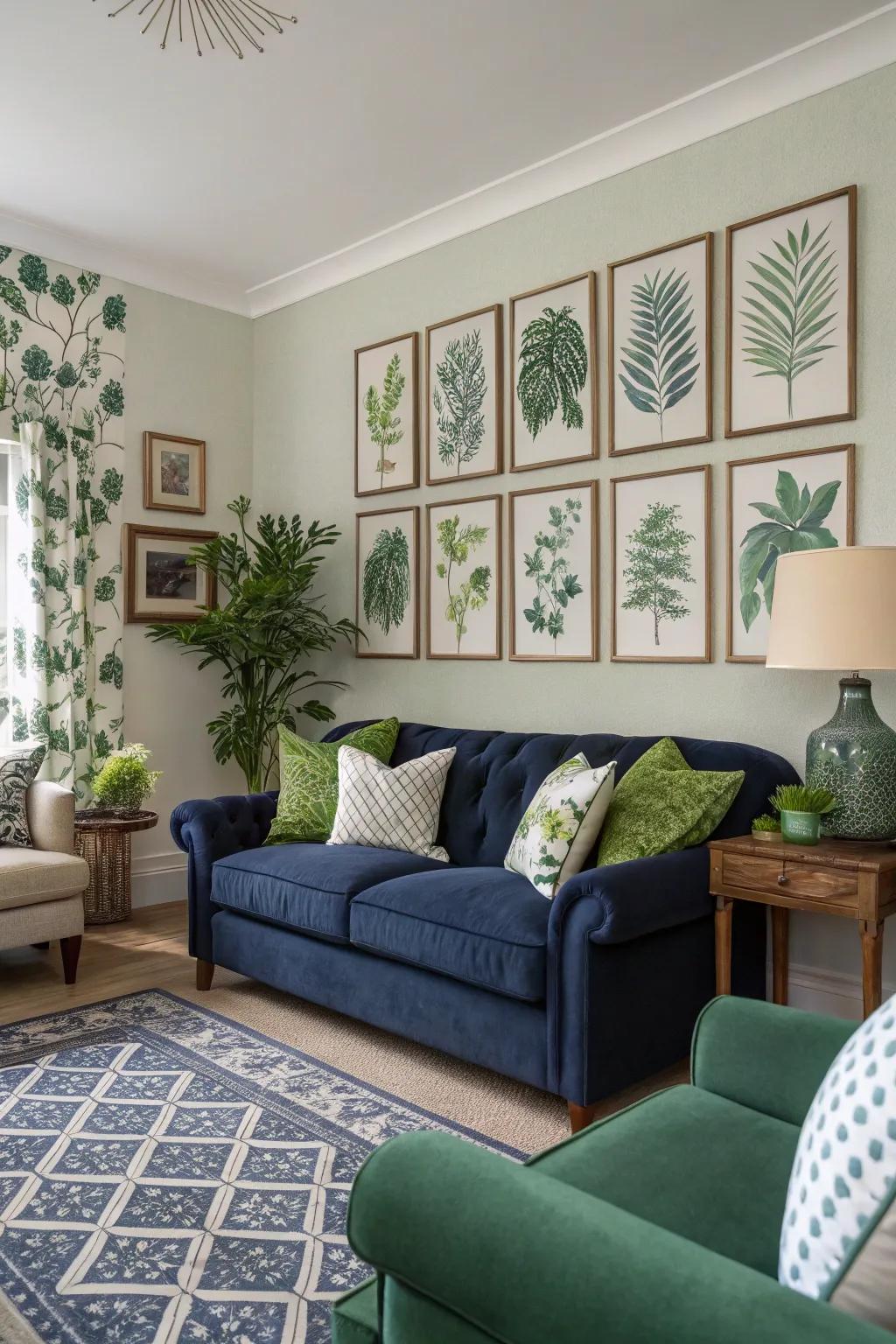 Botanical prints subtly enhance the natural vibe.