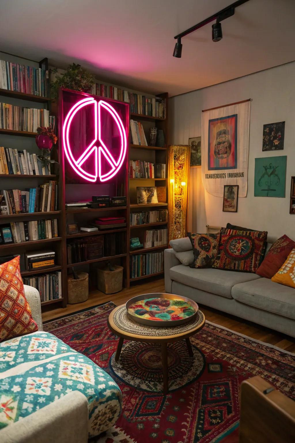 A neon peace symbol brings unity to an eclectic lounge.