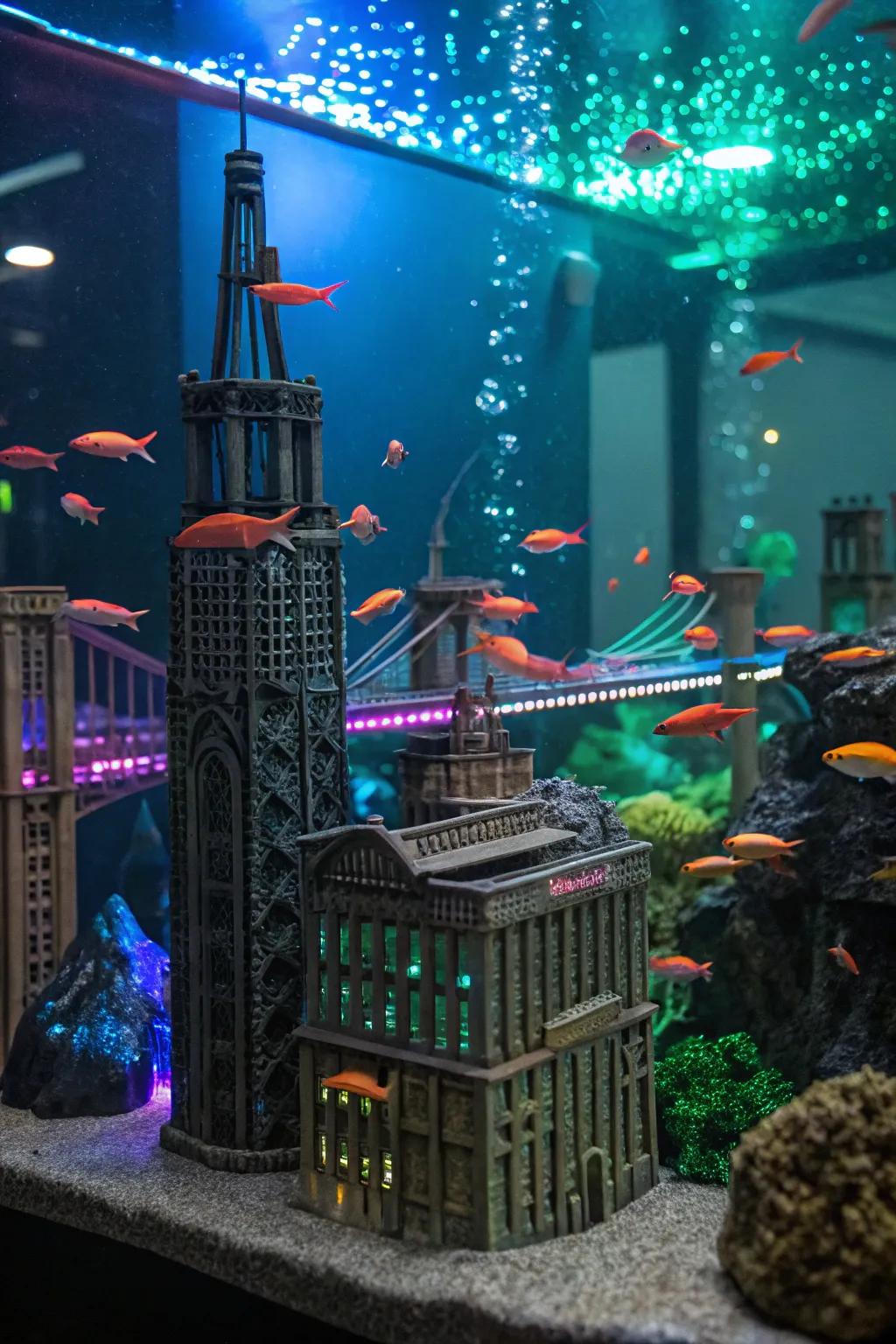 A themed environment with radiant features adds personality to this aquarium.