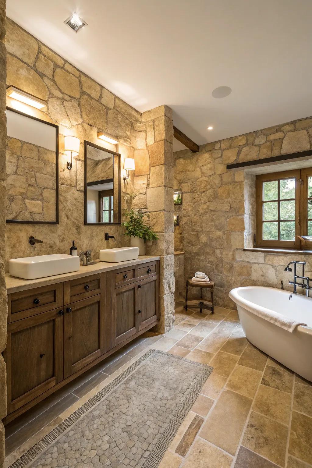 Natural stone adds timeless elegance to the neutral bathroom.