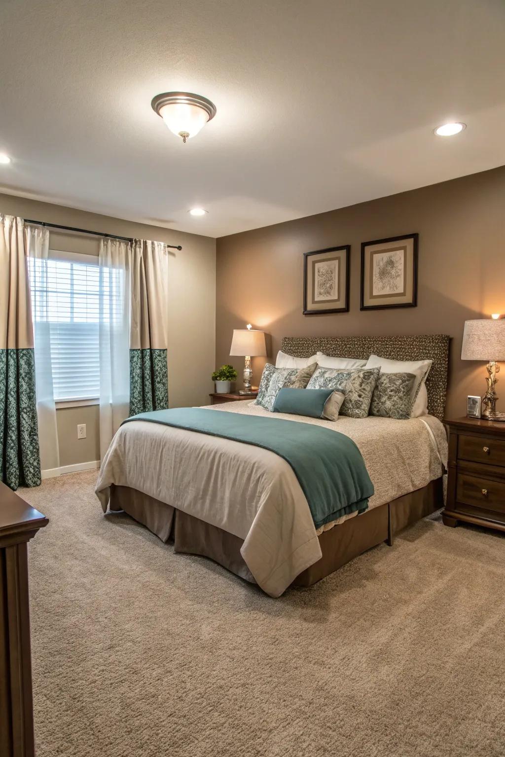 Harmonious carpet hues create a balanced bedroom environment.