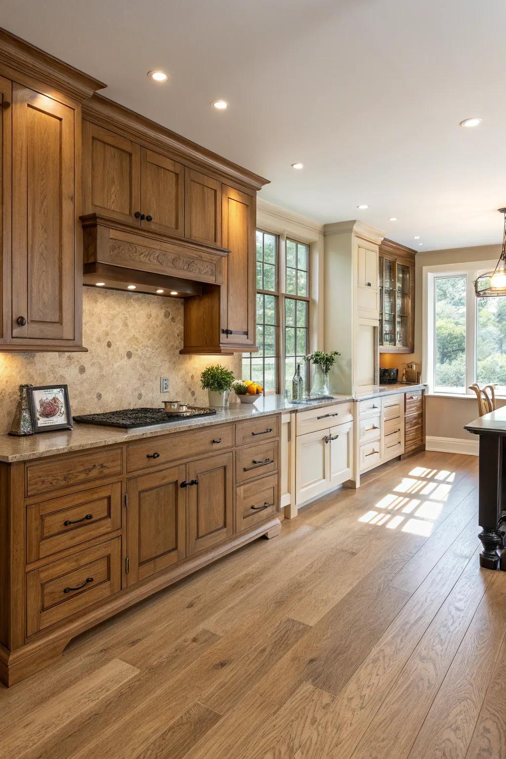 Blending timber tones enriches oak kitchens with dimension.