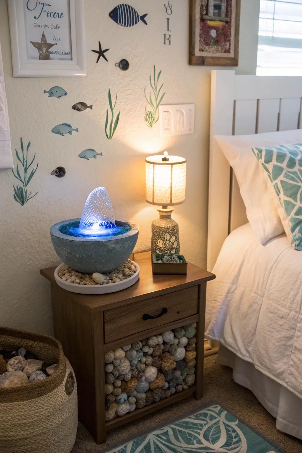 A water feature enhances your ocean-inspired bedroom with a soothing auditory element.