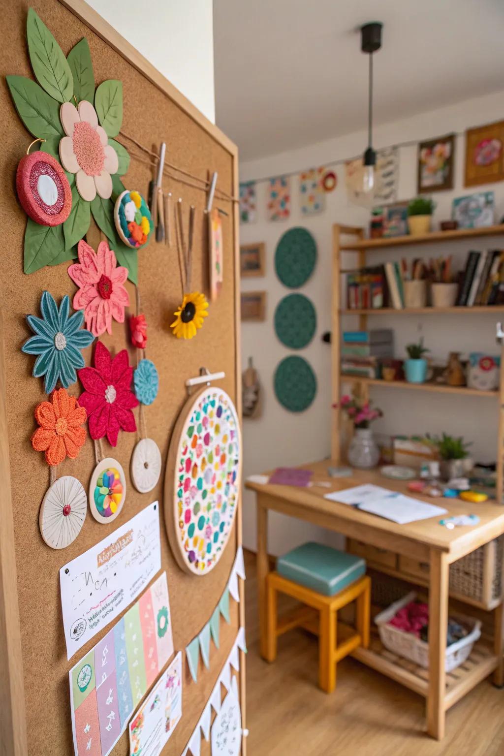 A craft space bulletin board displaying DIY creations.