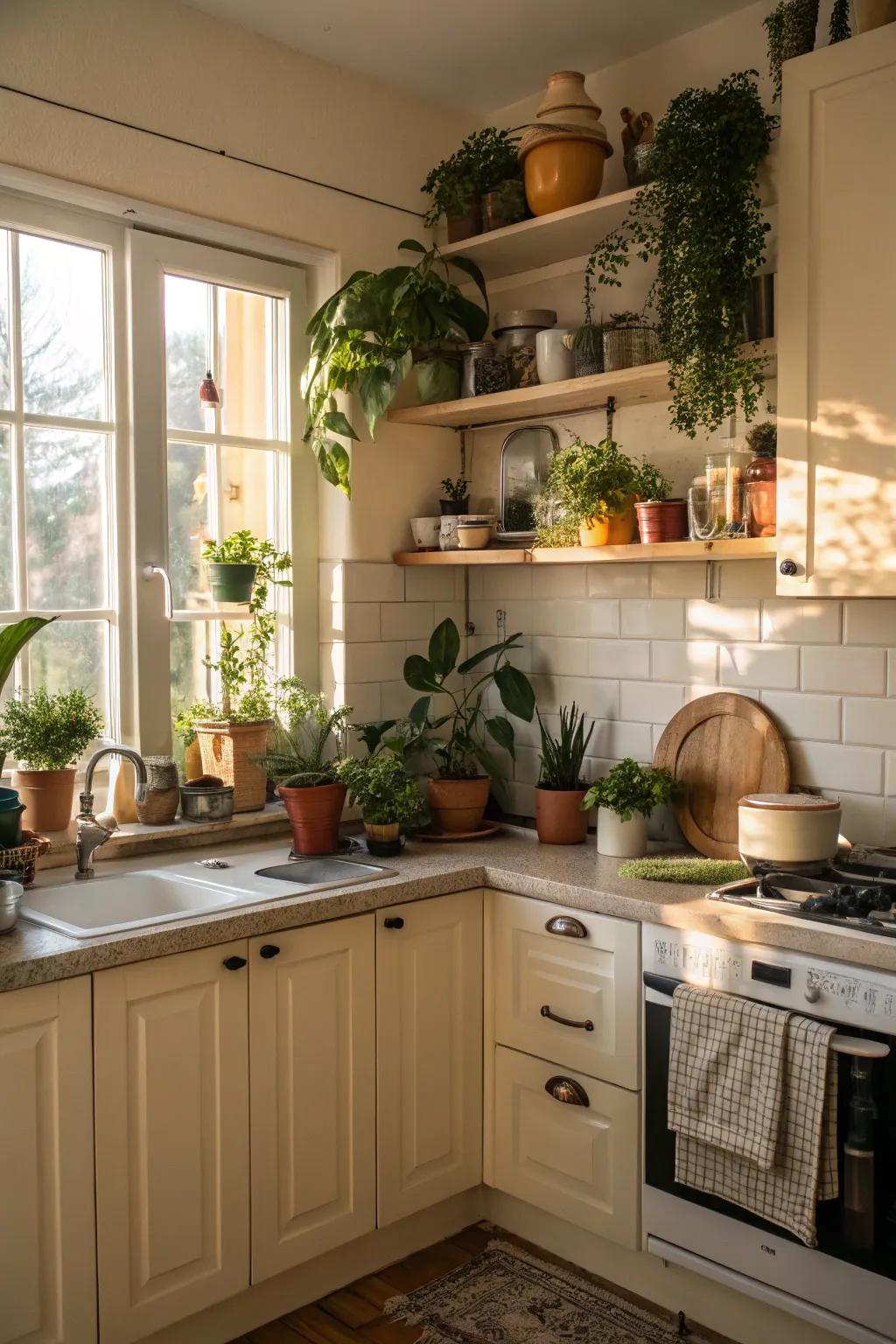 Plants and organic elements impart a revitalizing vibe to the kitchen.